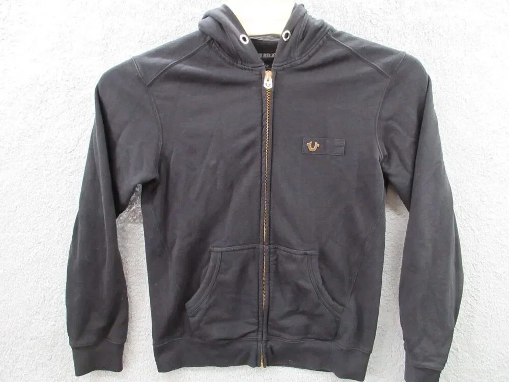 TRUE RELIGION Women's Large Full Zip Black Hoodie w/ Gold Badge Logo